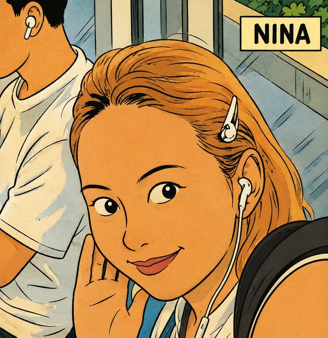 Nina — ilustrasi co-founder virtual bergaya komik, tersenyum sambil mendengarkan